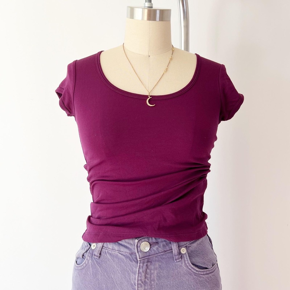 SIZE S/M Paris Blues Top Plum Purple Scoop Neck Short Sleeve Nylon Y2K